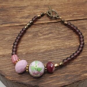 B2411 cottagecore glass beaded floral cloissone bracelet